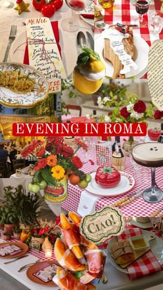 a collage of photos with the words evening in roma written on them and images of food