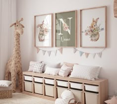 a baby's room with stuffed animals on the wall and pictures hanging above it