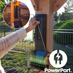 a person is holding an electronic device in front of a wooden structure with the words backyard powerpoint on it