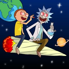 two cartoon characters sitting on top of a rocket with the earth and stars in the background