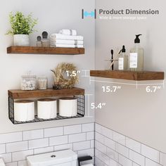 two shelves above a toilet in a bathroom with the measurements for each shelf below them