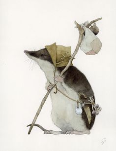 a drawing of a rat with a hat on it's head holding a stick