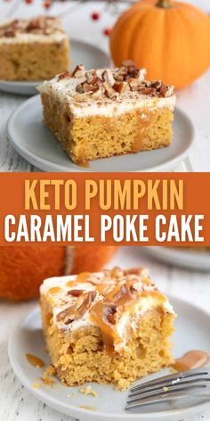 this keto pumpkin caramel poke cake is the perfect dessert to make for fall