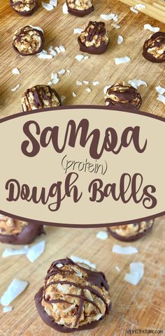 chocolate covered doughnuts are sitting on a cutting board with the words sampa protein dough