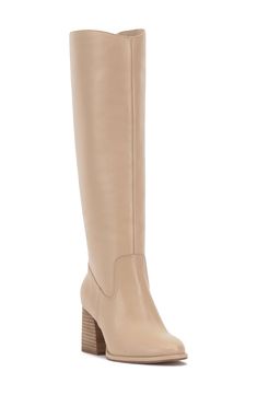 Smooth, polished leather forms the upper of this knee-high boot set atop a slightly curved block heel. 2 3/4" heel 15 1/4" shaft; 14 1/2" regular calf circumference 15 1/4" shaft; 16" wide calf circumference 15 1/4" shaft; 17" extra-wide calf circumference Leather upper/synthetic lining/rubber sole Imported Calf Leather Knee-high Boots With Block Heel, Knee-high Boots With Stacked Heel And Medium Width, Wide Calf Faux Leather Knee-high Boots With Almond Toe, Wide Calf Calf Leather Knee-high Boots With Block Heel, Wide Calf Knee-high Calf Leather Boots, Extra Wide Calf Boots, Beige Boots, Wide Calf Boots, Wide Calf