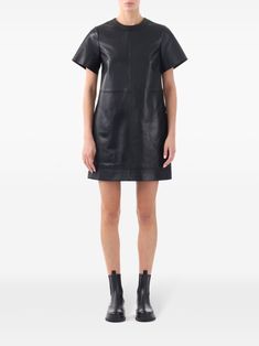 black nappa leather tonal stitching concealed rear zip fastening round neck short sleeves panelled bodice Leather Mini Dress, Yoko London, City Dress, Mini Dress Black, Jason Wu, Summer Beach Wear, Lady Dior, Leather Mini, Nappa Leather