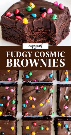 fudgey cosmic brownies with chocolate frosting and m & m candies