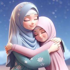 two women hugging each other in front of a blue sky with stars and snow flakes