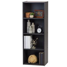 a book shelf with books and other items on it's shelves, against a white background