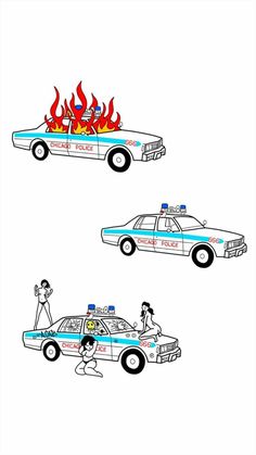 three cartoon police cars with flames on them