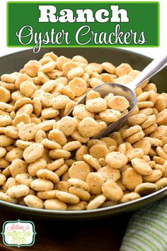 ranch oyster crackers in a bowl with a spoon