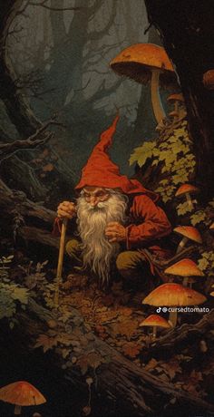 a painting of a gnome sitting in the woods