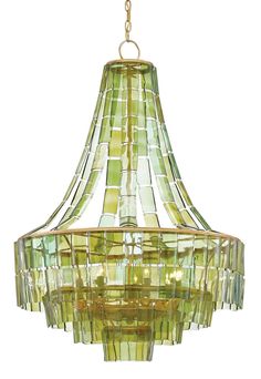 a green chandelier hanging from a ceiling fixture with glass blocks on it's sides