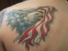 an eagle with the american flag painted on it's back is seen in this image