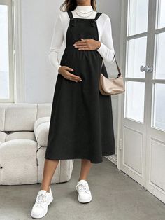 Maternity Grommet Eyelet Knot Strap Overall Midi Dress, Suitable For Fall/Winter Black Casual,Elegant  Sleeveless Woven Fabric Plain Pinafore Non-Stretch All Maternity Clothing, size features are:Bust: ,Length: ,Sleeve Length: