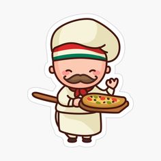 a cartoon chef holding a pizza on a tray with one hand and the other thumb up