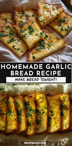 homemade garlic bread recipe is shown in this collage with the title above it and below