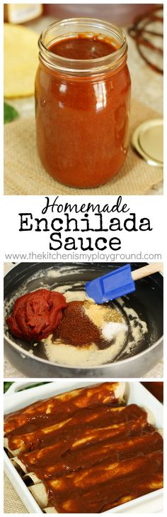 homemade enchilada sauce in a glass jar and on top of a pan