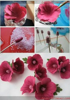 some pink flowers are being made in different ways