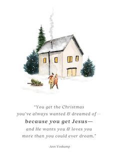 a christmas card with an image of two people walking towards a house in the snow