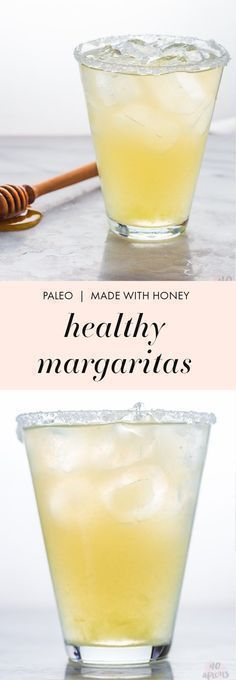 the ingredients for this homemade margarita are shown in two separate bowls, with honey on top