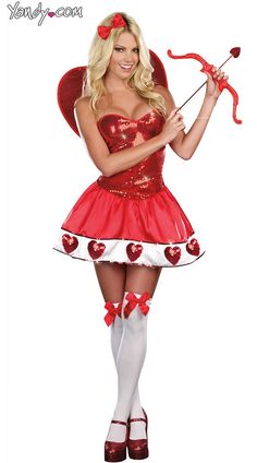 a woman dressed in a red and white costume holding a bow with hearts on it