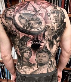 the back of a man's body with many different tattoos on his chest and shoulder