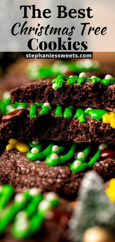 the best christmas tree cookies with green frosting and candies on top are stacked together