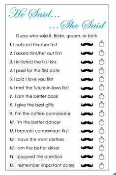 a printable wedding game with the words he said, she said and mustaches