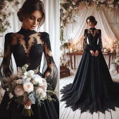 a woman wearing a black dress with sheer sleeves and flowers in her hair, standing next to a white flower bouquet