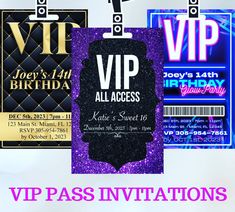 a purple and black birthday party ticket with the words, vai pass invitations