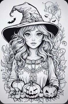 a black and white drawing of a girl wearing a witch's hat with pumpkins