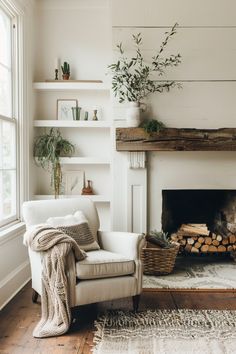 a living room filled with furniture and a fire place in front of a white fireplace