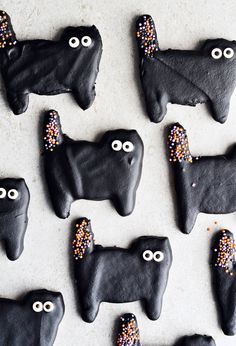 black dog cookies decorated with sprinkles and eyes