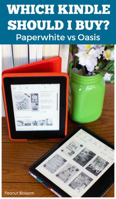 an ipad sitting on top of a wooden table next to a green vase filled with flowers