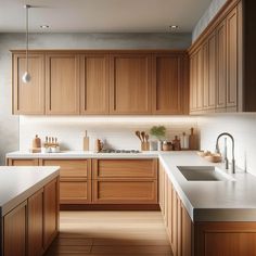 a kitchen with wooden cabinets and white counter tops