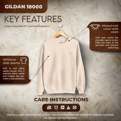 a white sweater hanging on a wooden hanger with information about the features and instructions