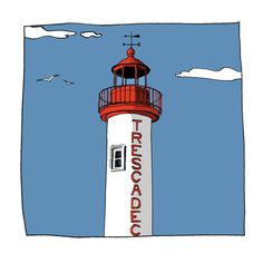 a drawing of a lighthouse with the words rescue on it's side and seagulls flying in the background