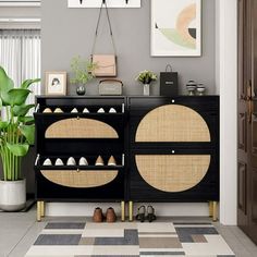 a living room with a black and white checkerboard floor, potted plant on top of the cabinet