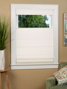 a living room scene with focus on the window and blinds in the windowshade