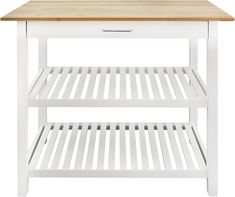 a white kitchen island with butcher block top and shelf on the bottom, against a white background