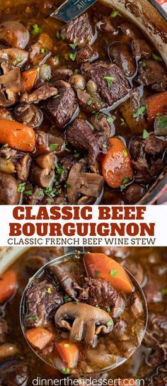 beef bourguignon with carrots and mushrooms in a pot