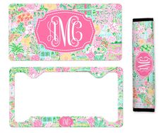 a pink and green floral pattern with a monogrammed name tag on the front