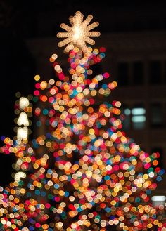 a brightly lit christmas tree in front of a building