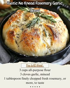 the recipe for rustic no knead rosemary garlic bread in a cast iron skillet