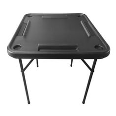 a black table with two legs and a tray on the top that is attached to it