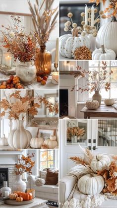 several pictures of pumpkins, flowers and candles in white vases on a table