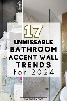 the bathroom is decorated in white and gold with text overlay that reads 17 unmissable bathroom accent wall trends for 2020