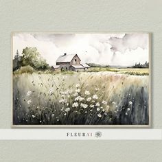 a watercolor painting of a house in the middle of a field with wildflowers