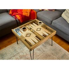 a coffee table with two game pieces on it